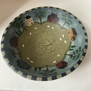 Hand painted wooden Decorative Bowl primitive sheep & houses - folk art country